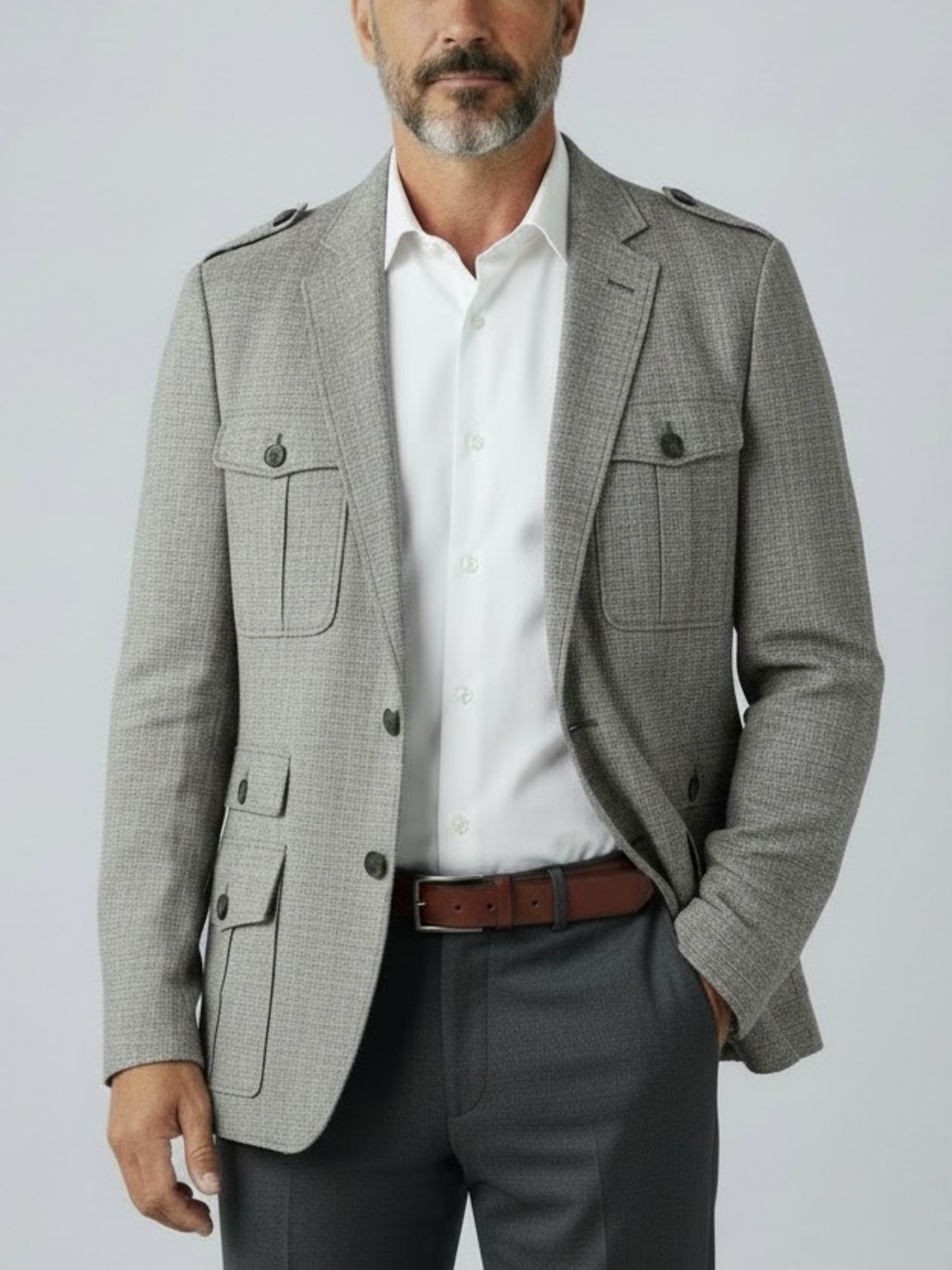 Zara Man Linen Gray Beige Houndstooth Utility Blazer w/ Buttoned Epaulets - 42R